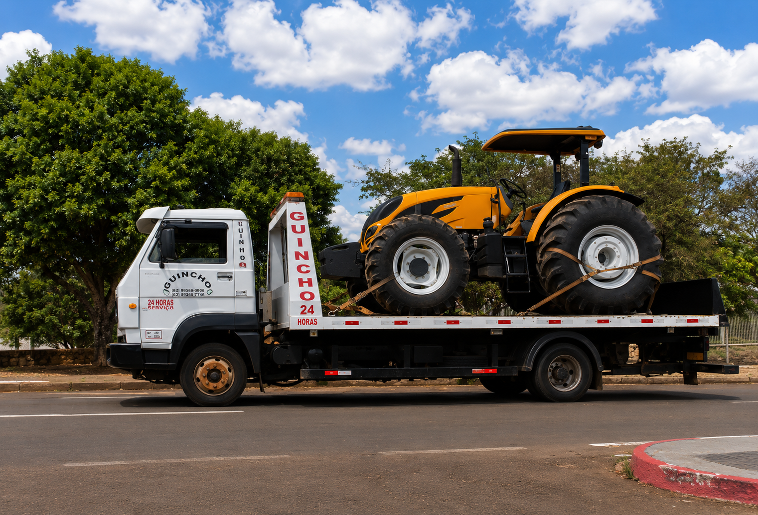 Guincho transportando trator amarelo em Silvânia